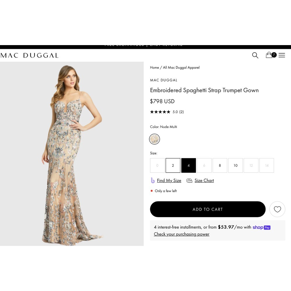 NWT $798 Mac‎ Duggal [ 4 ] 79313 Embroidered Spaghetti Strap Trumpet Gown Nude - Picture 2 of 15